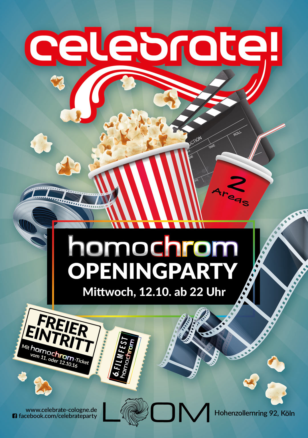 celebrate! die Openingparty des 6. Filmfests homochrom am Mittwoch 12.10. ab 22 Uhr im Loom Club, Köln; freier Eintritt mit Eintrittskarten des Filmfests vom 11. und 12.10.2016