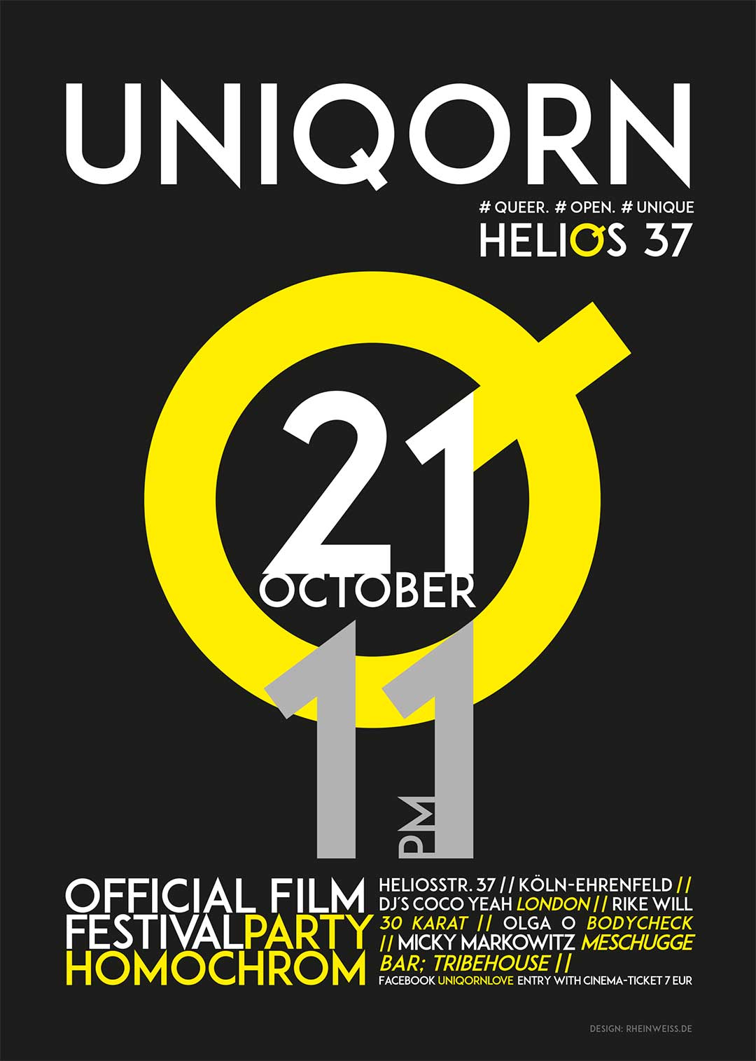 UNIQORN ist die Festivalparty des 7. Filmfests homochrom am Samstag 21.10.2017 ab 23 Uhr im Helios37 in Köln-Ehrenfeld; ermäßigter Eintritt von nur 7€ (statt 10€) mit Eintrittskarten des Filmfest