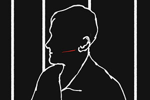 Film Still THE MAN-WOMAN CASE von Anaïs Caura; Animationsfilm inspiriert von der wahren Geschichte des Eugène Falleni; Person mit Schmiss sitzt hinter Gittern