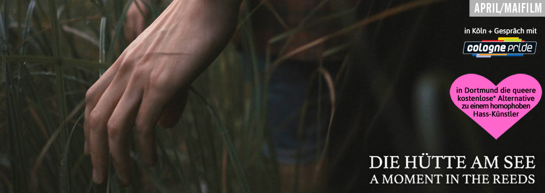 Film Poster DIE HÜTTE AM SEE – A MOMENT IN THE REEDS, eine schwule Romanze zwischen einem Finnen und einem syrischen Flüchtling von Filmemacher Mikko Makela mit Janne Puustinen, Boodi Kabbani und Mika Melender
