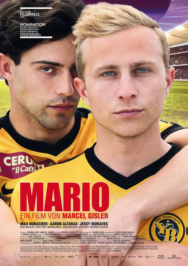 Film Poster MARIO von Regisseur und Autor Marcel Gisler über die geheime Liebe zweier Profi-Fußballer mit Max Hubacher, Aaron Altaras, Jessy Moravec; Gewinner von zwei Schweizer Filmpreisen