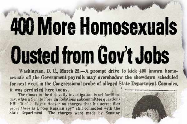 Film Still THE LAVENDER SCARE von Debüt-Regisseur Josh Howard aus USA, 2017, über Eisenhowers Hexenjagd auf homosexuelle US-Regierungsmitarbeiter; Zeitungsausschnitt mit Überschrift 400 weitere Homosexuelle aus Regierungsjobs vertrieben