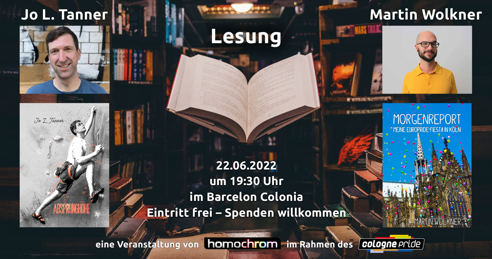 Lesungen von Jo L. Tanner & Martin Wolkner am 22.06.2022 zum ColognePride
